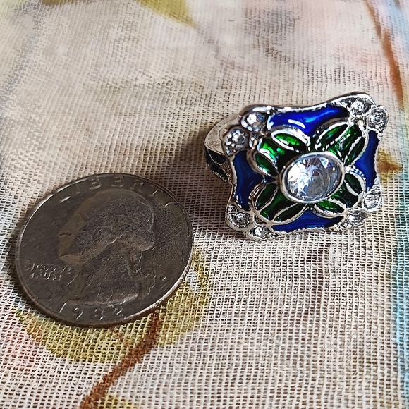Enameled Navy Blue Green Clear Rhinestones Silver Rhodium Plated Size 8 Ring NEW - Picture 7 of 8